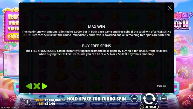 Sugar Rush rules page with the 5,000x maximum win and the 100x bonus buy