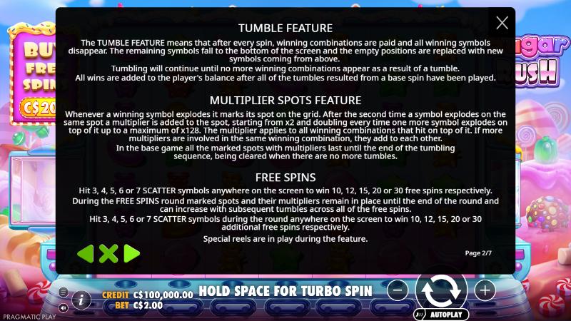Sugar Rush rules page describing tumbles, multiplier spots and free spins